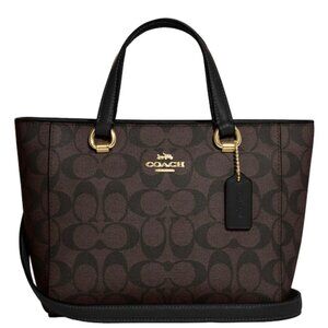 Coach Alice Brown and Black Leather Signature Monogram Satchel Crossbody Bag